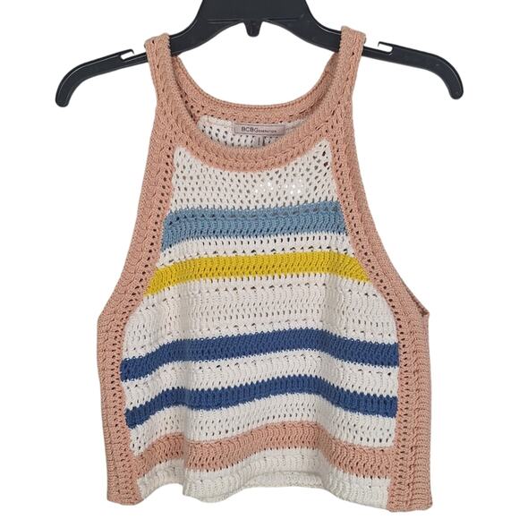 BCBGeneration Crochet Cream Knit Stripe Crop Top Scoop Neck S - Picture 1 of 9